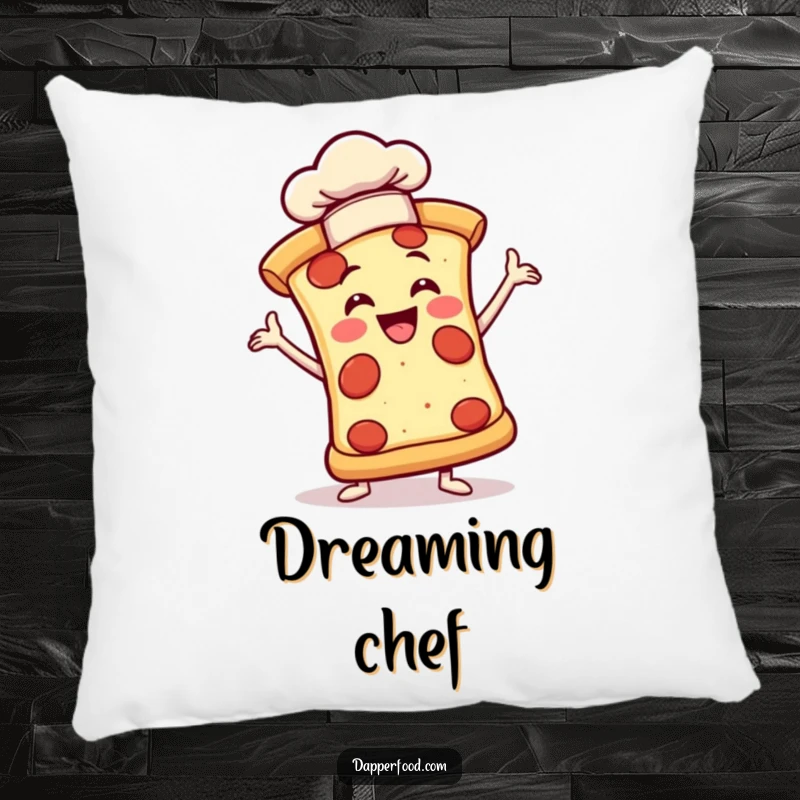 Funny pillow with a joyful pizza slice in a dramatic pose wearing a tiny chef hat, offering comfort and flair.