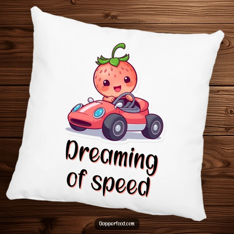 Funny strawberry pillow featuring a smiling character in a tiny race car, adding comfort and humorous racing energy.