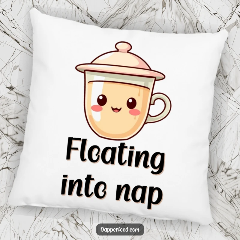 Funny coffee pillow featuring a charming cup character with a flying saucer lid, hovering with a playful and humorous expression.