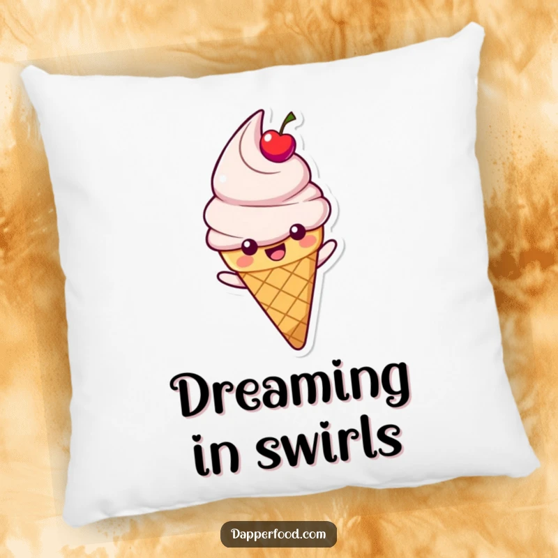 Funny Ice Cream Pillow featuring a happy cone character with cherry topping, sliding down a rainbow, offering soft comfort and sweet joy.
