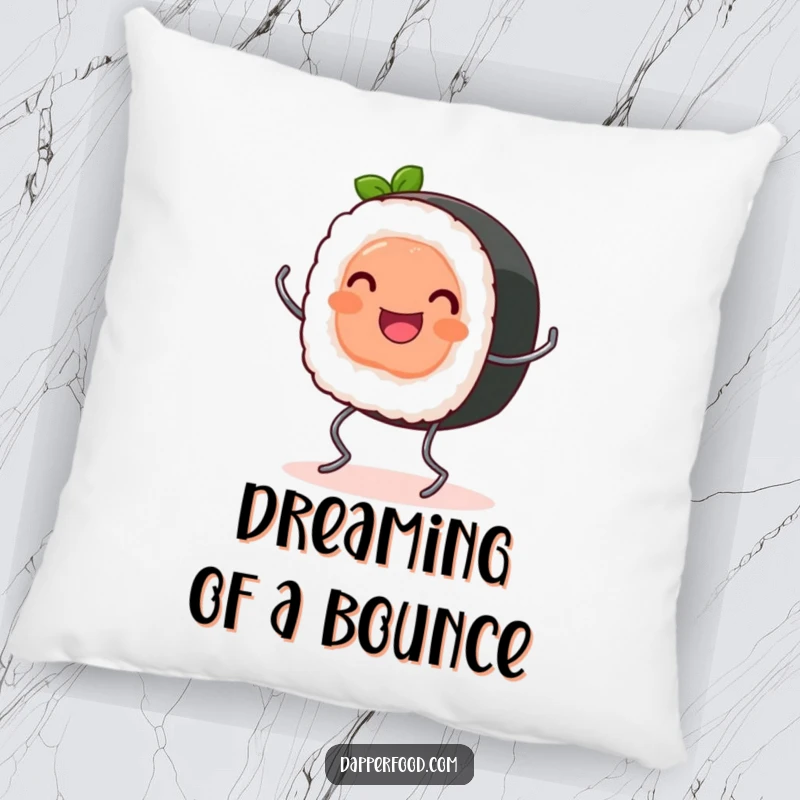 Funny Pillow: A happy sushi roll with tiny spring legs bounces cheerfully, bringing soft Japanese-inspired comfort.