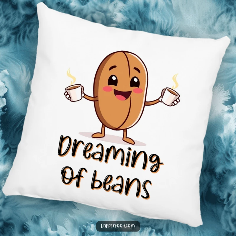 Funny Pillow: A grinning anthropomorphic coffee bean character enthusiastically juggles tiny steaming cups, offering a soft and humorous decorative touch.