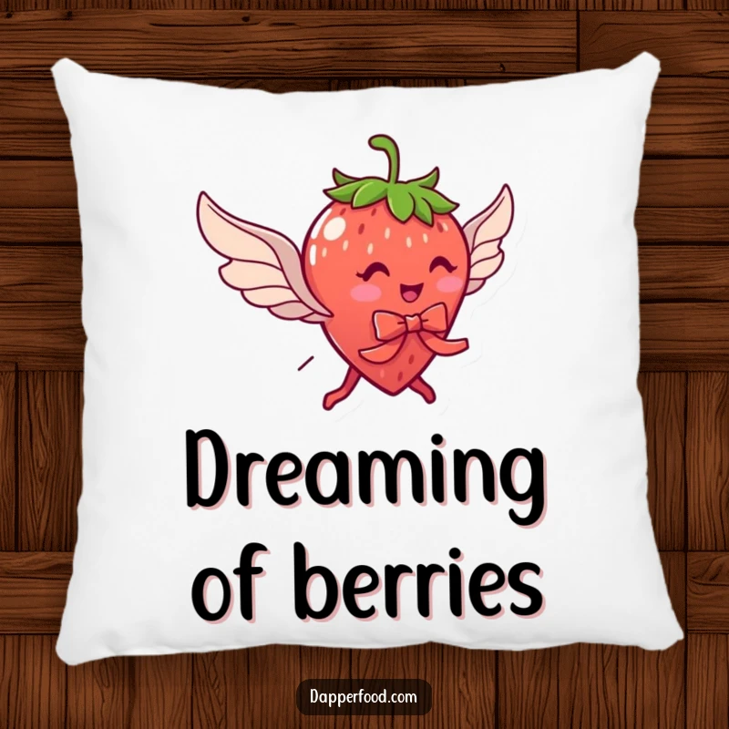 Funny pillow featuring a delightful strawberry character with legs and wings, comically trying to fly with a ribbon, for cozy comfort.