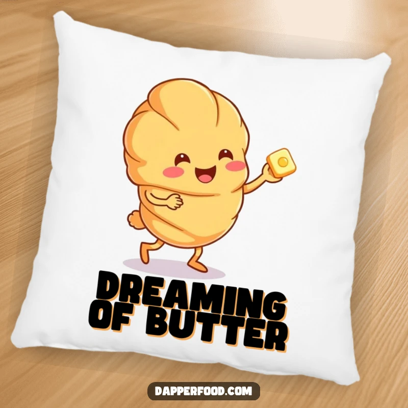 Funny croissant character doing a joyful jig with a butter pat, depicted on a soft and humorous pillow.