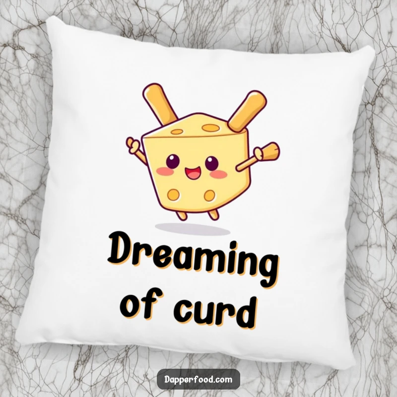 Funny pillow showcasing a delighted cheese wedge using breadstick wings for flight, offering comfort and quirky humor.