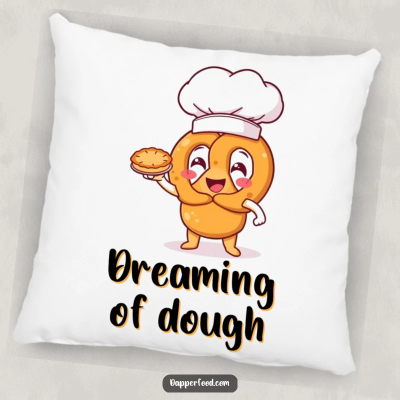 Funny pretzel character wearing an oversized chef hat, triumphantly presenting a miniature pie, a soft and humorous pillow.