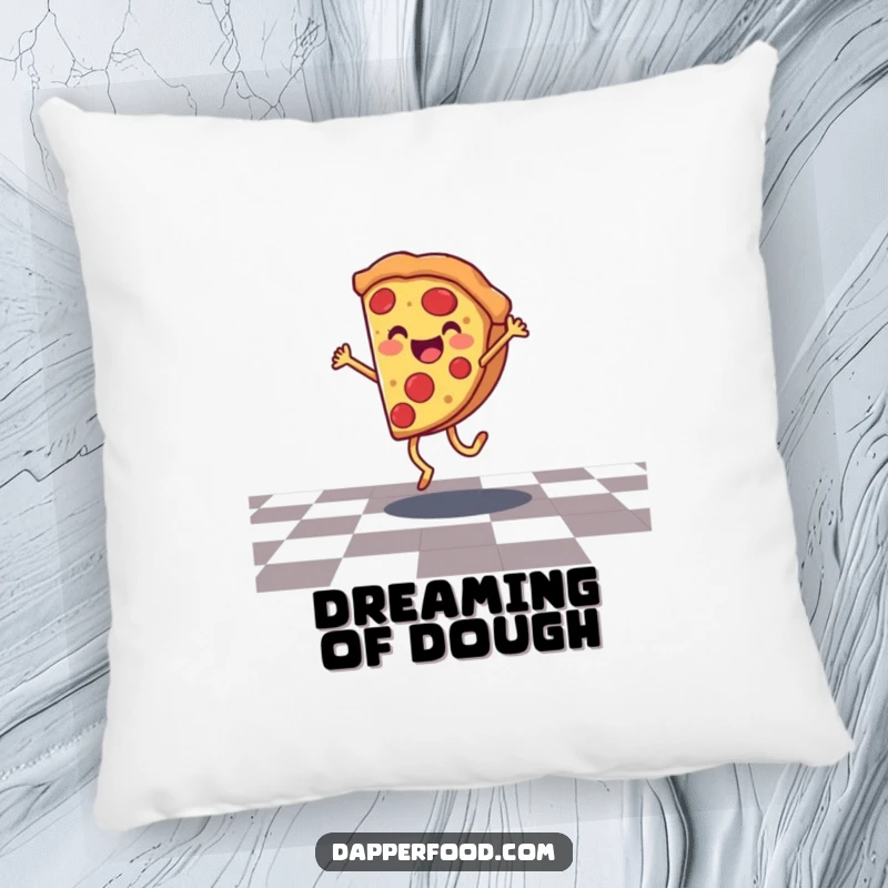 Funny pizza pillow featuring a smiling character doing a cartwheel, adding a touch of cozy, cheesy charm.