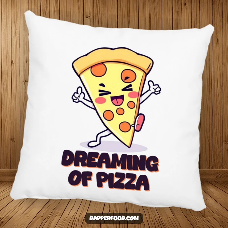 Funny Kawaii Pizza Kick Pillow: A soft cushion featuring a pizza slice character with a determined grin doing a kick, an amusing funny gift.