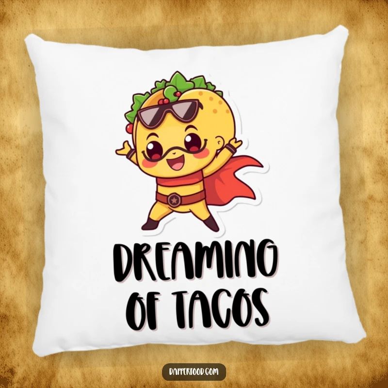 Funny pillow featuring a cheerful taco in a superhero pose, adding a touch of playful heroism to decor.