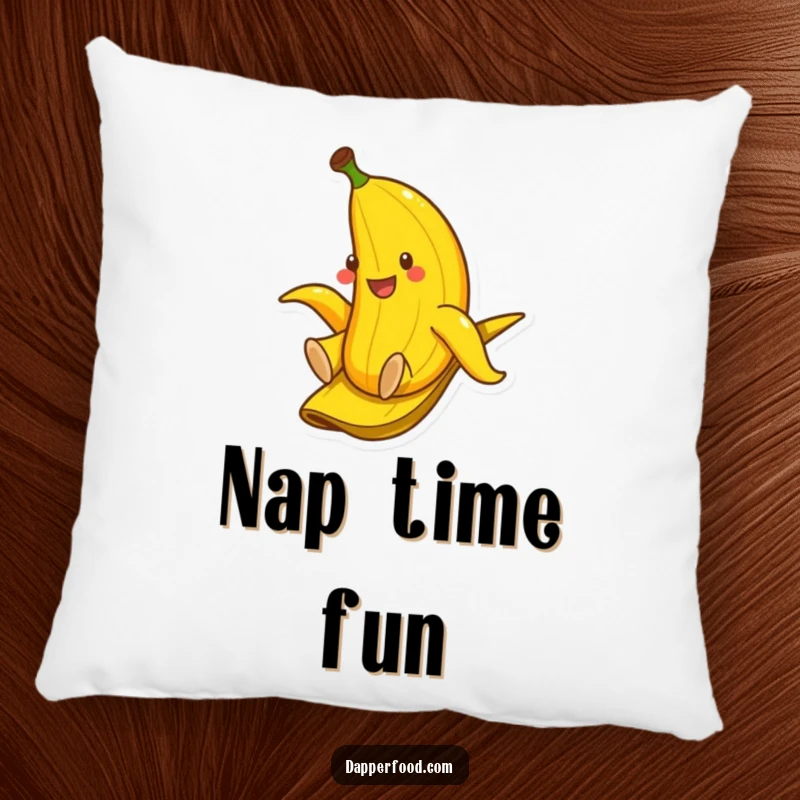 Funny pillow showcasing a smiling banana playfully sliding down a banana peel, offering plush comfort and fruity humor.
