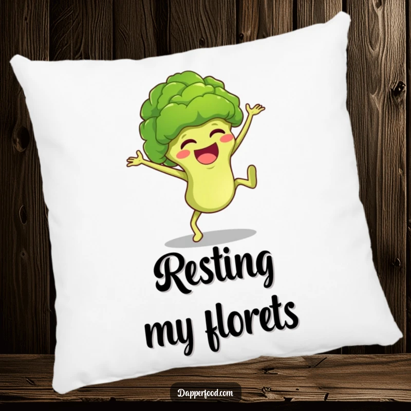 Funny broccoli character doing a joyful cartwheel, designed for a soft and humorous pillow that adds cheer.
