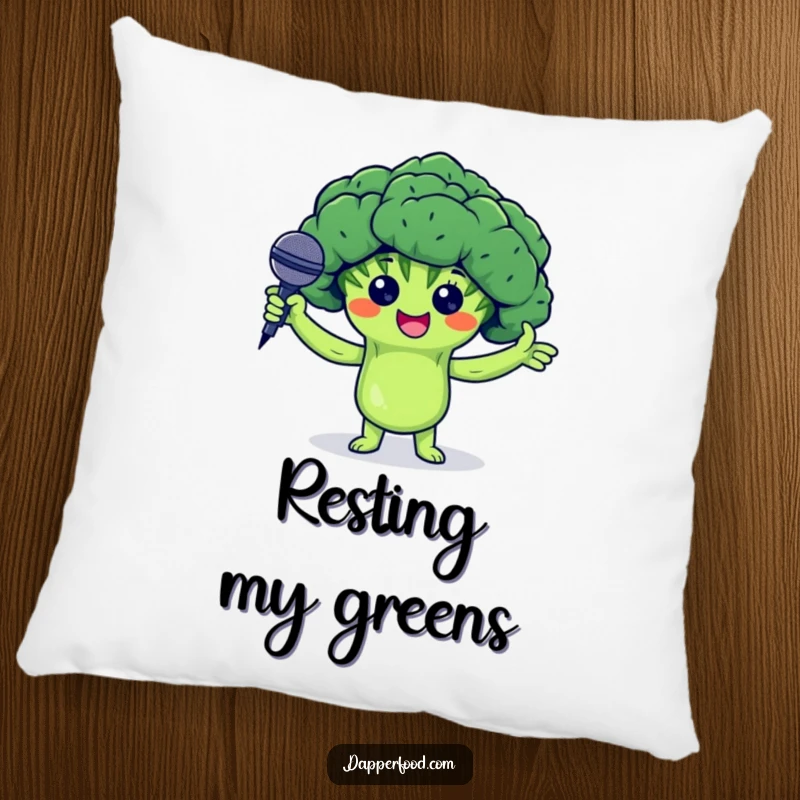 Funny throw pillow with a proud broccoli floret character holding a tiny microphone, providing comfort and a touch of humorous stage presence.