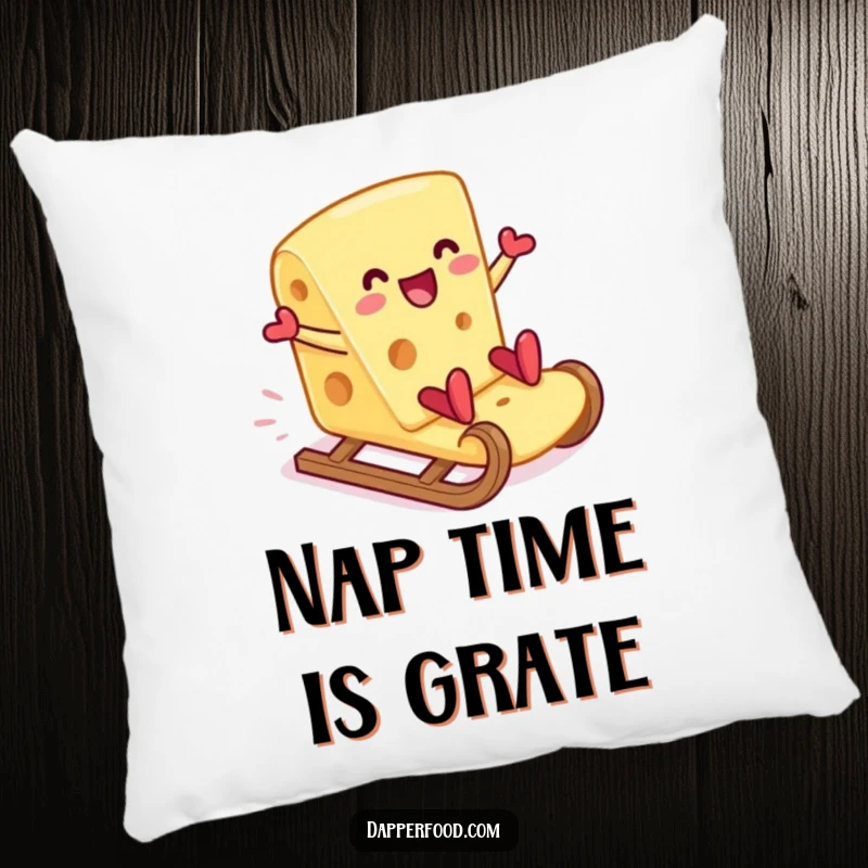 Funny cheese slice cracker slide pillow, a soft cushion with a cheesy character enjoying a thrilling ride. A comfy funny gift.