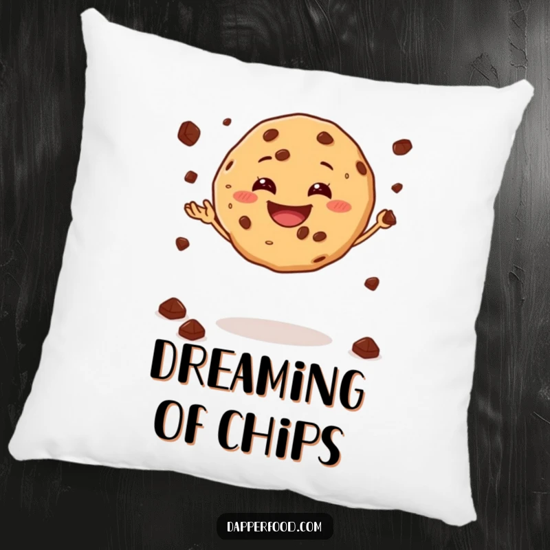 Funny pillow featuring a grinning cookie juggling chocolate chips while balancing, adding sweet decor.