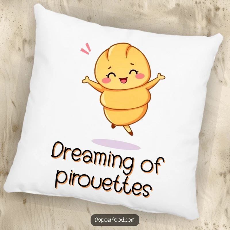 Funny pillow featuring a croissant in a ballet twirl, winking, providing cozy comfort and Parisian flair.