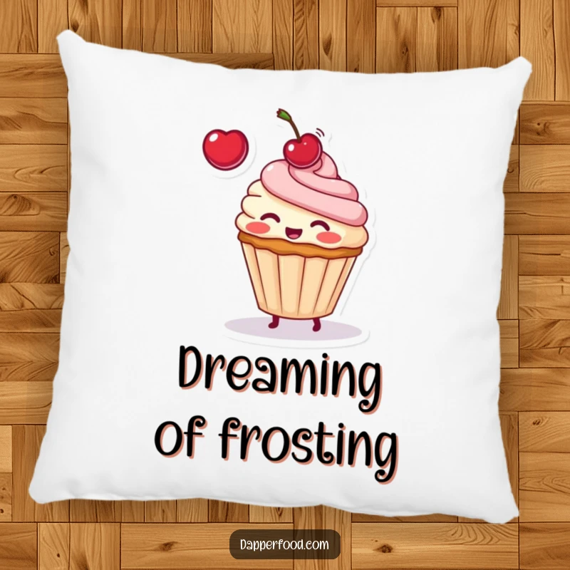 Funny pillow design featuring a blushing cupcake character in mid-air toss with a cherry, looking utterly delighted.