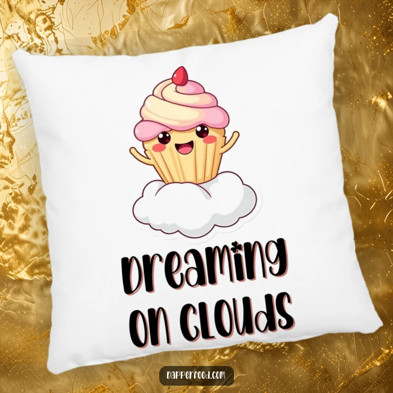 Funny cupcake cloud bounce pillow, kawaii character happily bouncing on a fluffy cloud, soft and decorative, great funny gift.