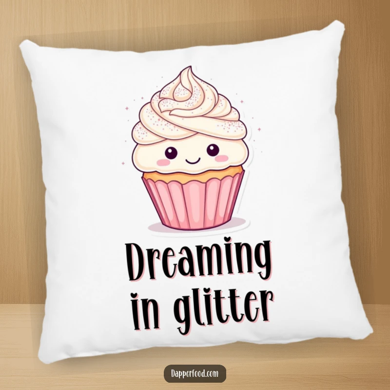 Funny cupcake throw pillow featuring a happy character with frosting hair showered in glitter, adding comfort and humor to any room.