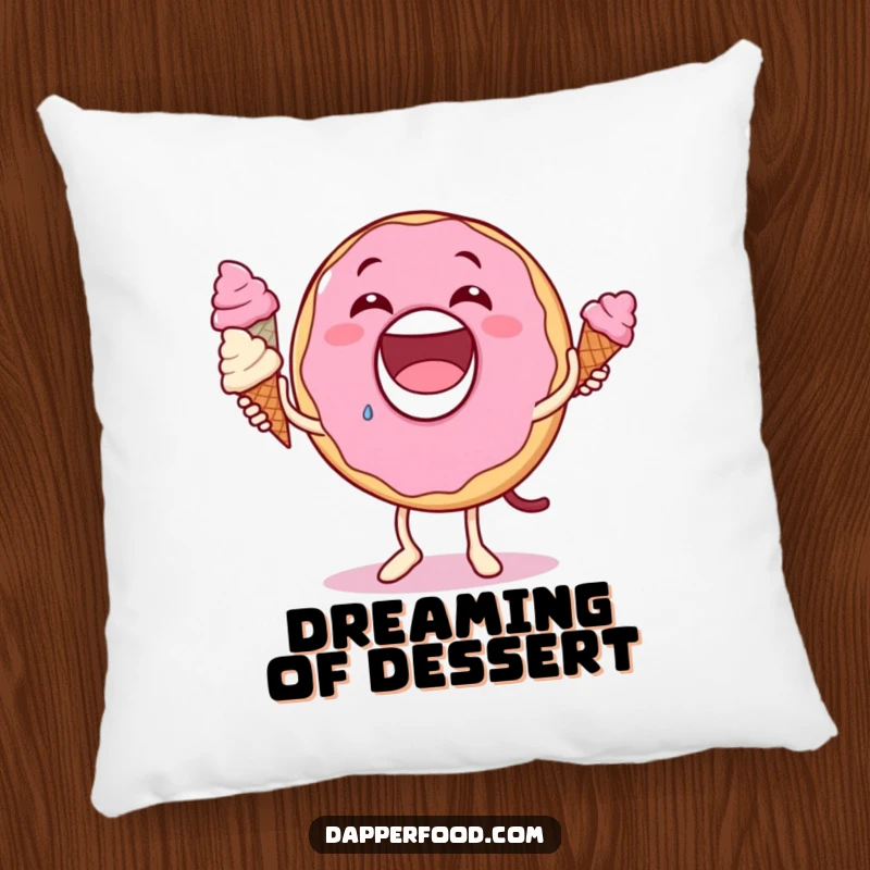 Funny donut pillow, delighted expression, juggling small ice cream cones, offering humorous comfort and a sweet decorative touch.