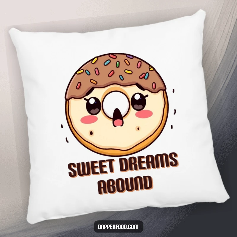 Funny pillow design featuring a surprised doughnut character with an astonished expression as sprinkles fall all around it.