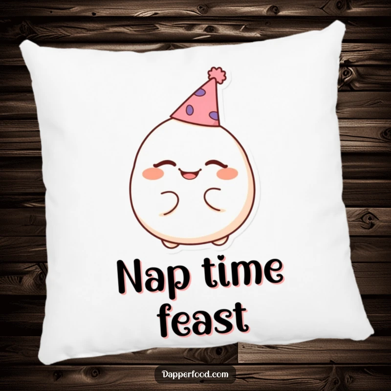 Funny pillow showcasing a cheerful dumpling winking while wearing a comically small party hat, offering comfort and cute humor.