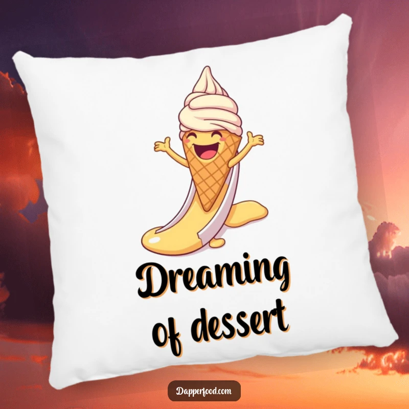 Funny pillow depicting a laughing ice cream cone with arms sliding down a syrup slide, offering comfort and sweet, playful vibes.