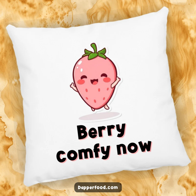 Funny Kawaii Strawberry Pillow: A soft cushion featuring a character twirling with excitement, a sweet and funny gift.