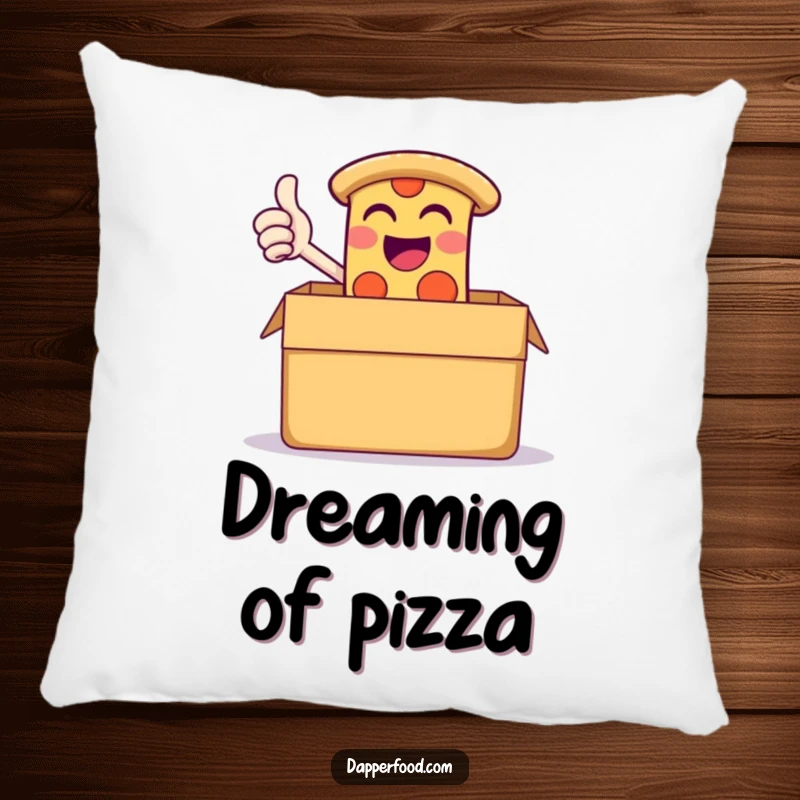 Funny pillow showcasing a giggling slice of pizza triumphantly giving a thumbs-up from a giant box, offering comfort and pizza humor.