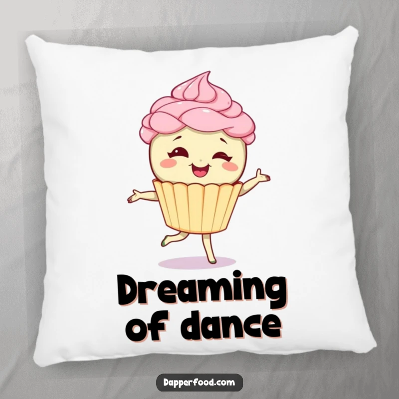 Funny pillow featuring a giggling cupcake character with frosting hair, mid-pirouette, offering cozy comfort and a playful, dessert-themed decorative accent. Perfect funny gift.