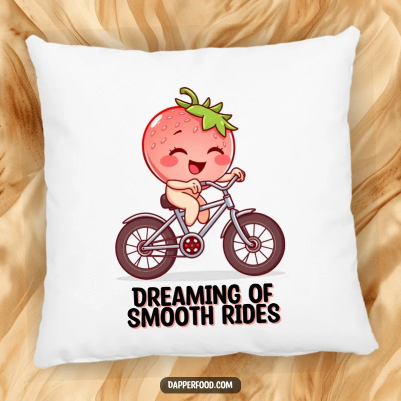 Funny strawberry character winking, riding a tiny bicycle with square wheels, a soft and humorous pillow for decor.