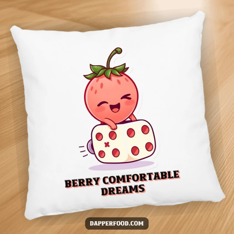 Funny Pillow showcasing a winking strawberry character riding a rolling dice, offering comfort and playful luck.