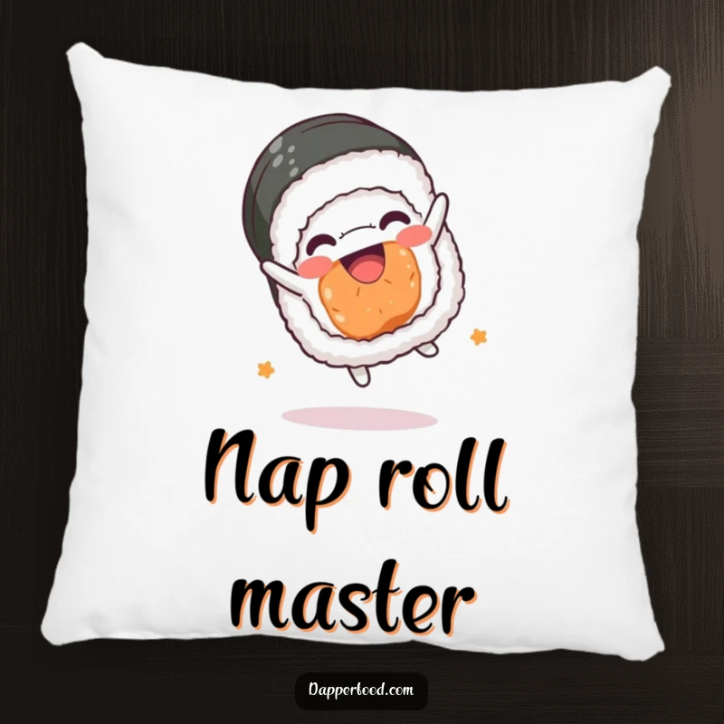 Funny sushi roll pillow, kawaii character doing a happy somersault, soft and decorative cushion, great funny gift.