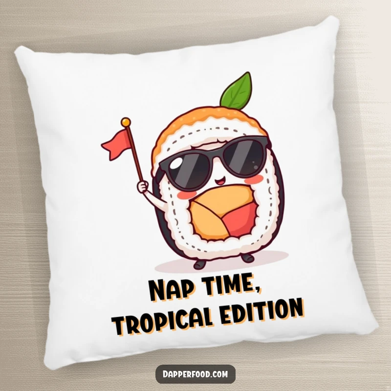 Funny sushi roll wearing sunglasses and waving a flag is depicted on this comfortable pillow, adding humor to relaxation.
