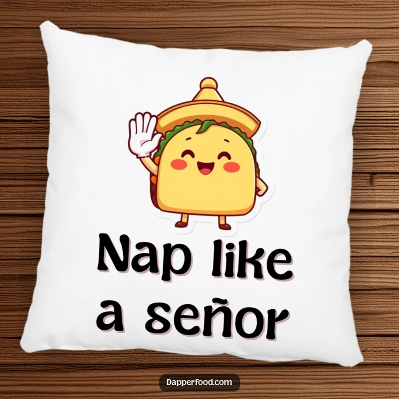 Funny Pillow showcasing a smiling taco character with a tiny sombrero, enthusiastically saluting, offering comfort and cheer.