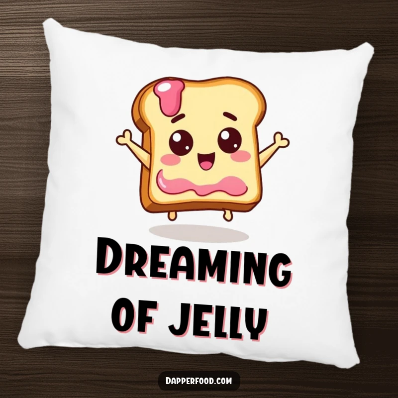 Funny pillow featuring a happy piece of toast with eyes jumping enthusiastically to reach for a jelly jar, a symbol of breakfast delight.