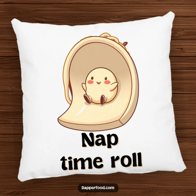 Funny dumpling character having fun on a noodle slide, designed for a soft and humorous pillow that adds cheer.