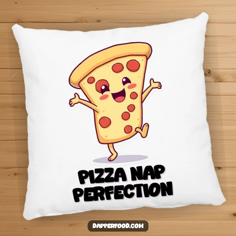 Funny Pillow showcasing a delighted pizza slice character doing a dramatic cartwheel, offering comfort and cheesy fun.