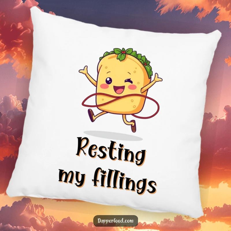 Funny taco character jumping rope, designed for a soft and humorous pillow that adds festive cheer.