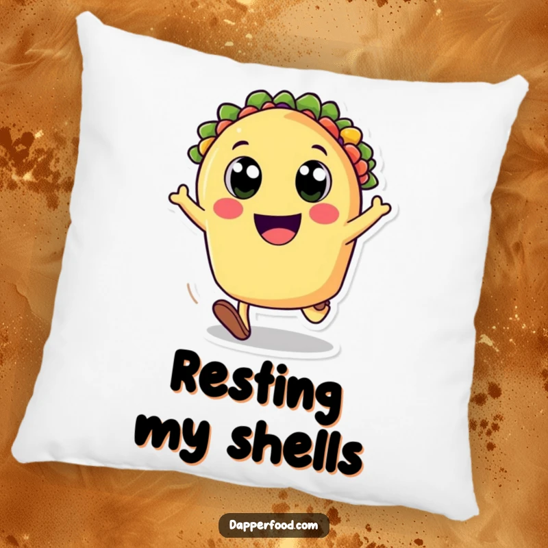 Funny pillow featuring a happy taco character doing a cartwheel, offering plush comfort and a dose of cheerful food-themed decoration. Perfect funny gift.