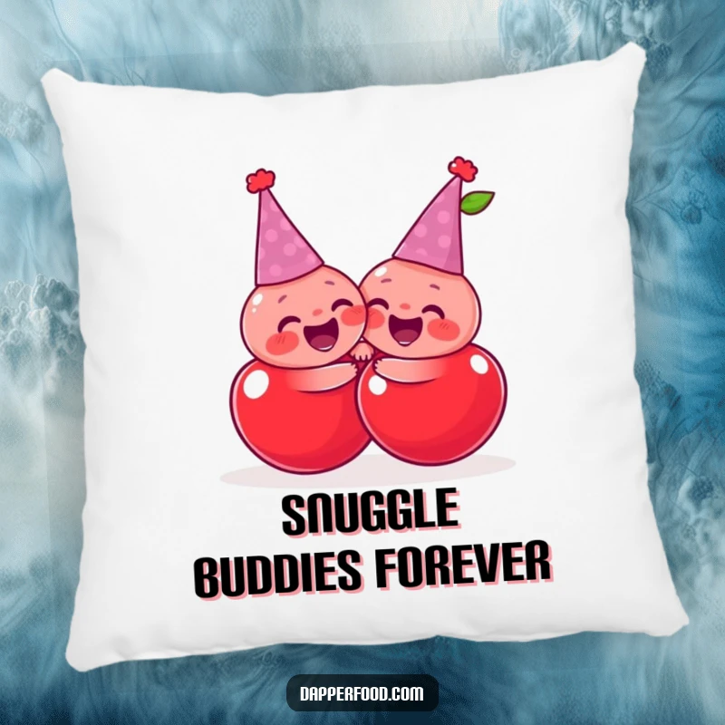 Funny giggling cherries wearing tiny party hats, sharing a joyful, exaggerated hug, a soft and humorous pillow.