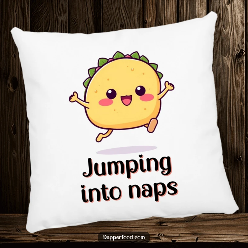 Funny Kawaii taco pillow featuring a cute taco character with tiny legs in a leaping posture.