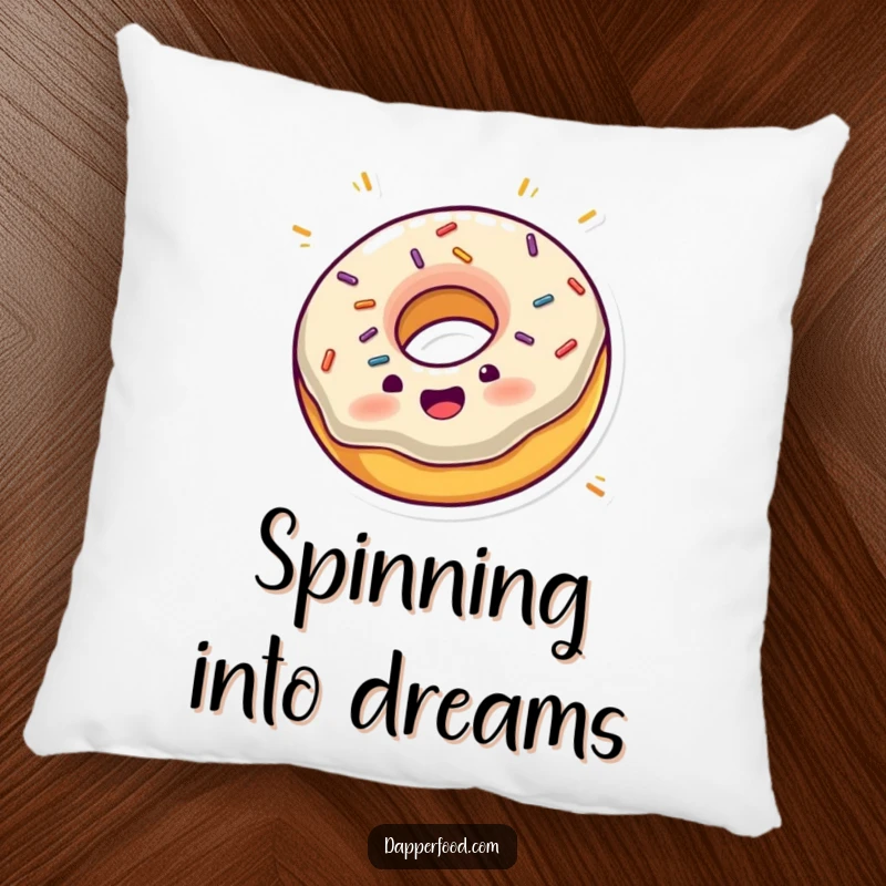 Funny pillow with an excited donut with sprinkles joyfully spinning on its edge, offering comfort and charm.