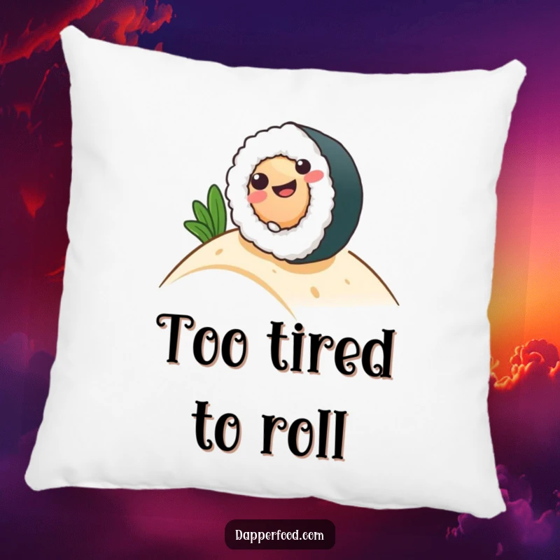 Funny Pillow showcasing a smiling sushi roll character rolling down a hill, offering comfort and whimsical charm.