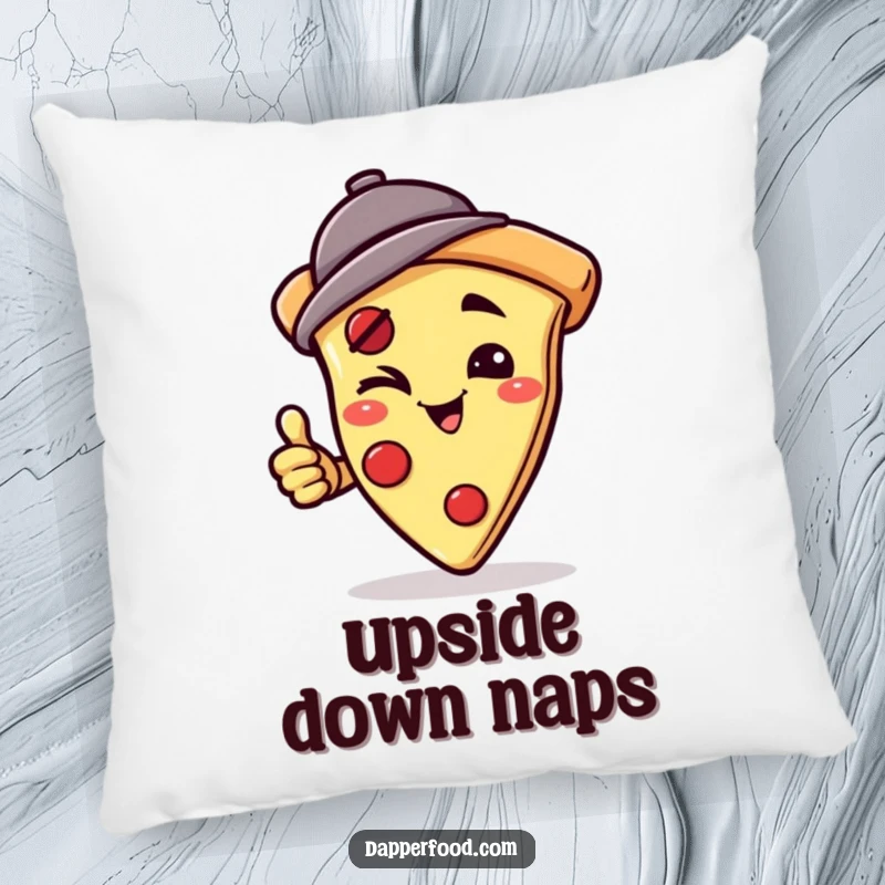 Funny pillow featuring a winking pizza slice character in a jaunty hat, mid-handstand, offering cozy comfort and a playful, food-themed decorative accent. Perfect funny gift.