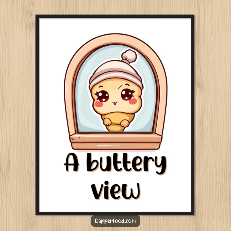 Funny digital art print of a curious croissant character with eyes and a tiny hat, peeking from a bakery window, for instant decor.
