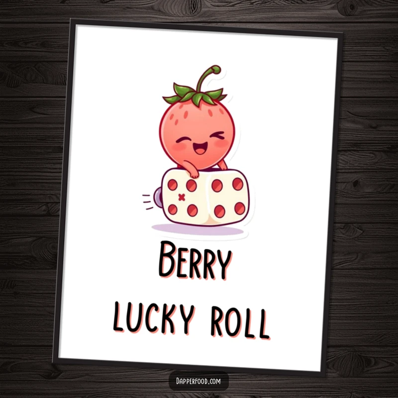 Funny Digital Art Print of a winking strawberry character riding a rolling dice, bringing instant luck.