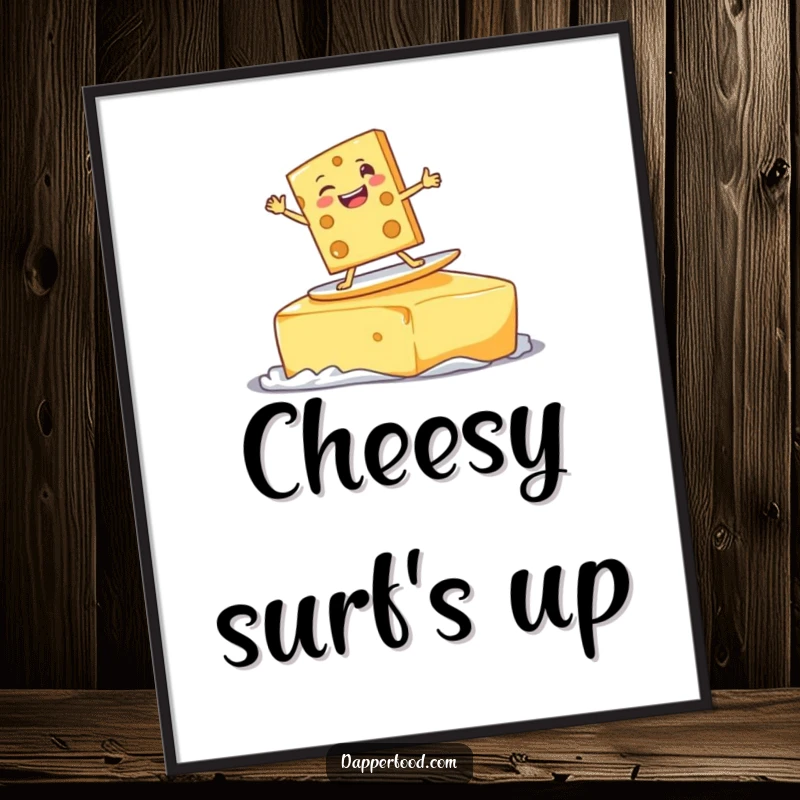 Funny delighted cheese slice character surfing on a giant pat of butter with a goofy grin, a humorous digital art print.