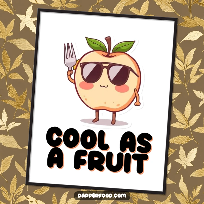 Funny digital art of a blushing apple character wearing sunglasses and giving a tiny fork salute, exuding a cool and playful vibe.