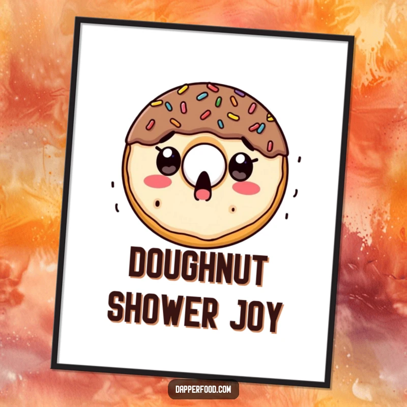 Funny digital art print of a surprised doughnut character with an astonished expression, showered by a cascade of colorful sprinkles.