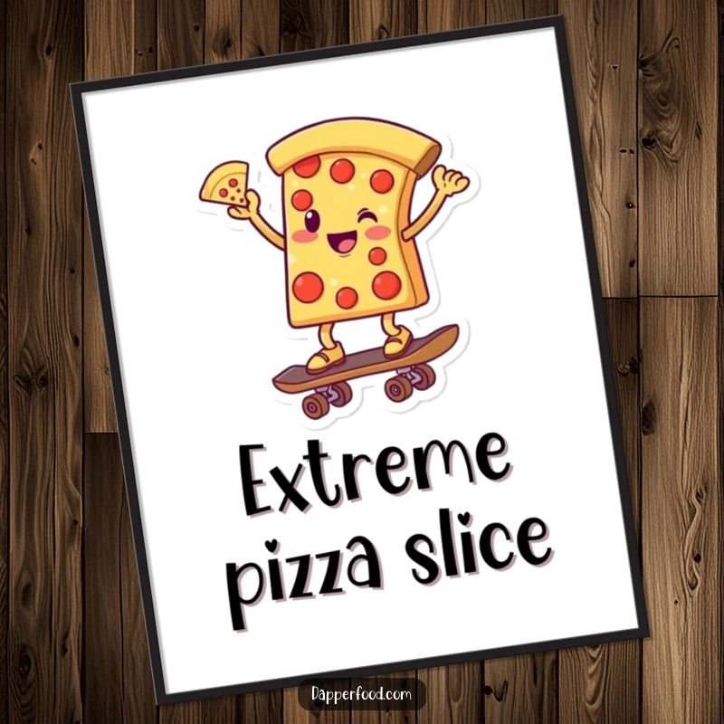 Funny digital art print of a smiling pizza slice character with a slice raised, balancing perfectly on a skateboard.